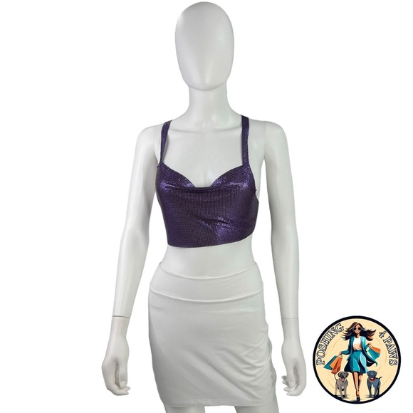 FANNIE SCHIAVONI Hailey Mesh Metallic Festival Draped Crop Top in Purple Size S - Picture 14 of 15